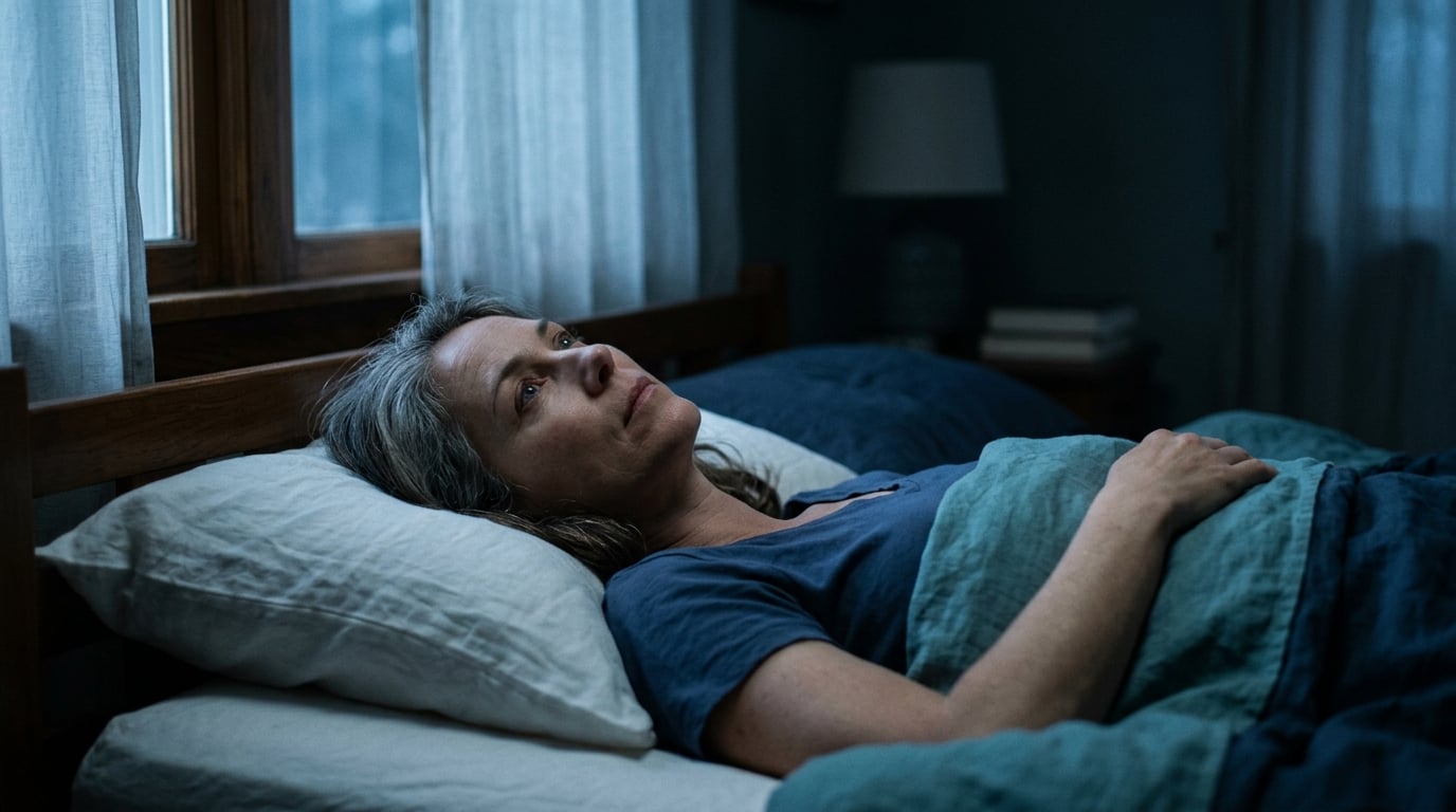 A woman lying awake in bed at night